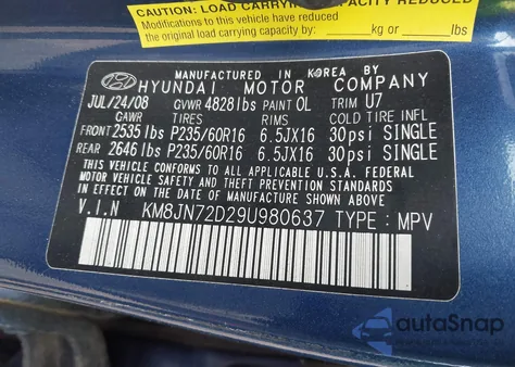 2009 Hyundai Tucson Se z USA, uszkodzony, nr VIN KM8JN72D29U980637